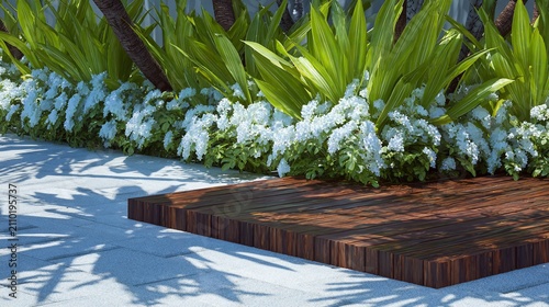 Serene garden scene with white flowers, lush foliage, and a wooden platform creating a tranquil