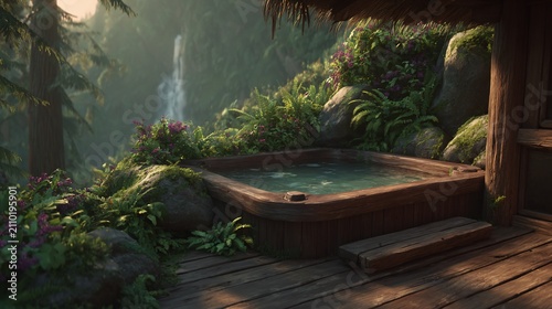 Serene Hot Tub Retreat in Lush Forest Setting with Waterfall Backdrop