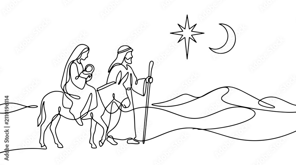 Obraz premium Holy family traveling through desert on donkey at night. New Testament nativity theme. Continuous line art vector illustration