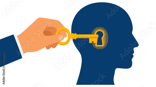 A hand inserting a glowing golden key into the side of a human head silhouette, symbolizing unlocking the mind, finding solutions, gaining knowledge, and mental breakthroughs in a flat vector style.