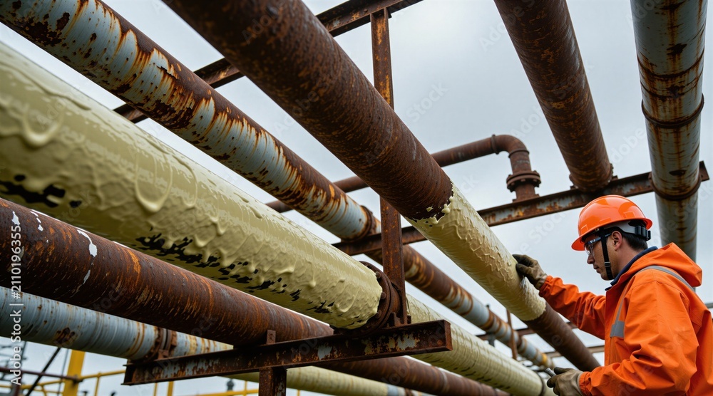 Fototapeta premium Industrial worker in protective gear applies yellow coating to metal pipes. Man repairs rusty pipeline at construction site. Technician checks corroded structures for maintenance project. Person uses