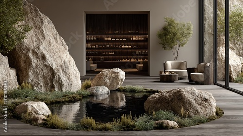 Serene Interior Design Featuring Natural Elements with Pond and Rock Formations