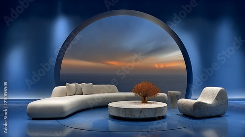 Serene interior with ocean view through arch evoking a sense of tranquility and luxury creating