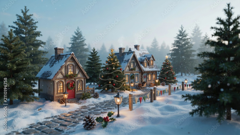 Fototapeta premium A cozy winter village with snow covered cottages and christmas trees