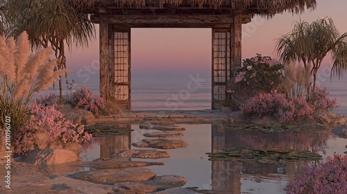 Serene Japanese Gateway and Pink Water Garden with Horizon View Tranquil Escape