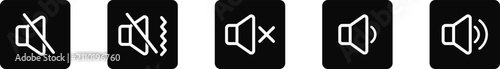 Foto Speaker volume control icons set for media player, round square black silhouette