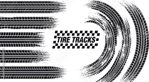 Racing circuit tire tread marks with checkered flag logo and semicircular drift impression