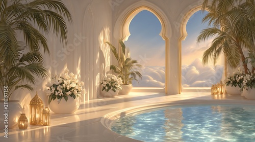 Serene Luxury: Indoor Pool with Arabian Architecture and Tropical Plant Accents