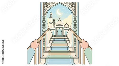 Konstfotografi Ascending stairs towards a mosque under crescent moon