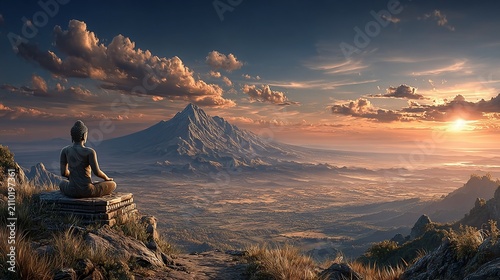 Serene Meditation: A Buddha Statue Contemplates the Majestic Mountain Vista at Sunset