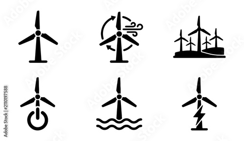 Wind turbine icon set for renewable energy, 6 black vector symbols of wind farm and sustainable power generation, eco friendly electricity concepts