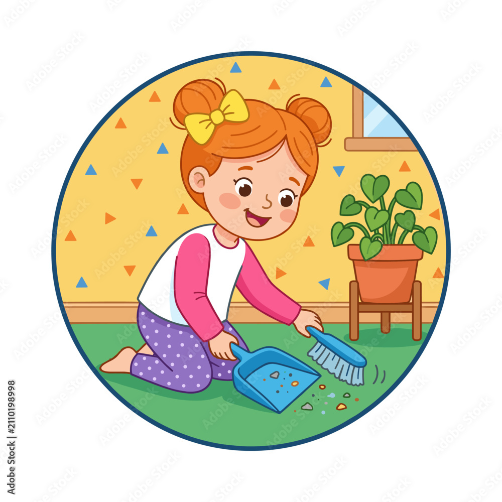 Fototapeta premium Cute girl cleaning her messy room with broom and dustpan on green carpet floor surface.