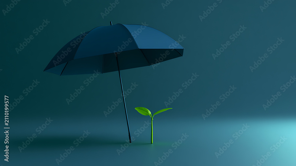 Obraz premium Small, vibrant green sprout protected by a dark blue umbrella against a deep green-blue background, symbolizing protection and growth