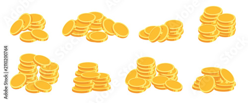 piles and stacks of gold coins set. A collection of cartoon-style coins scattered and stacked in different sizes. For games, casinos, sales, and promotions