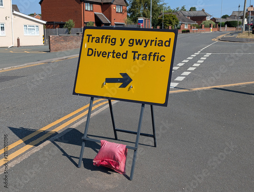 Bilingual English and Welsh Diverted Traffic Road Sign on a UK Street