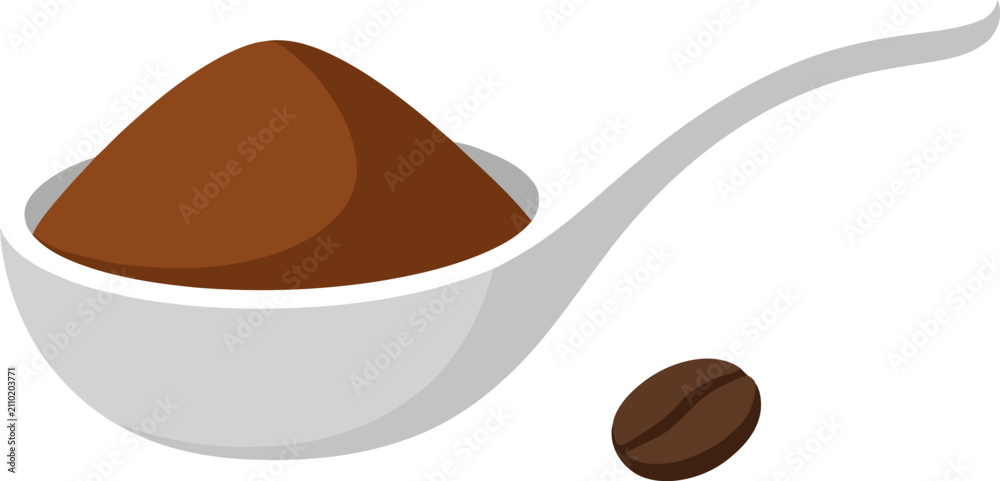 Fototapeta premium Vector illustration of a spoon filled with aromatic ground coffee and a single coffee bean beside it isolated on white background for beverage and caffeine concepts