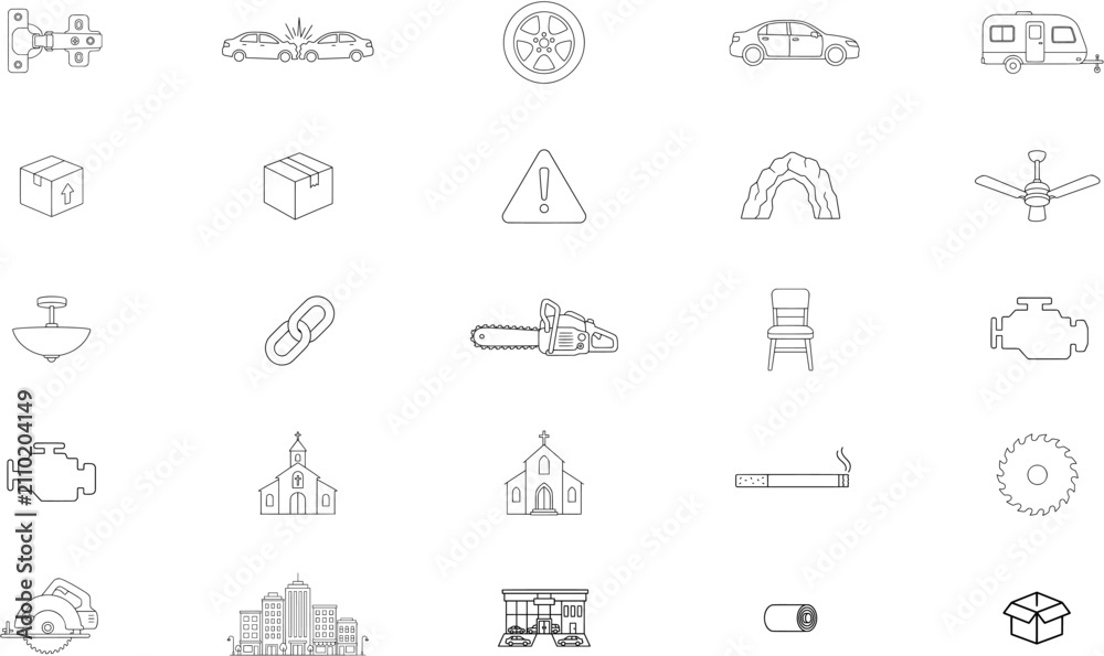 Fototapeta premium Comprehensive Vector Icon Set Featuring 25 Hand-Traced Minimalist Line Art Illustrations Including Automotive, Construction, Architecture, Logistics, and Lifestyle Symbols for Professional Graphic