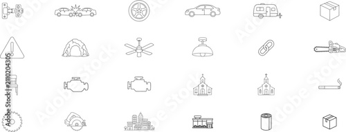 24 Hand-Traced Minimalist Line Vector Icon Collection Bundle – Single EPS File Featuring Hand-Drawn Outline Icons for Automotive, Home, Travel, Safety and Professional Graphic Design Projects