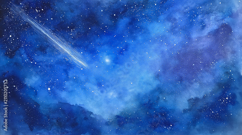 Watercolor Night Sky Background with Shooting Star and Deep Blue Galaxy