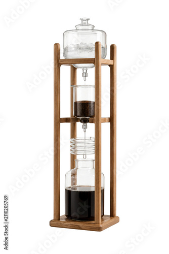 Coffee brewing apparatus with wooden stand isolated on transparent background