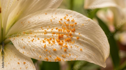 A macro close-up of a pale lily petal covered with bright orange pollen highlights floral texture and natural beauty for gardening, allergy, or botanical design uses.