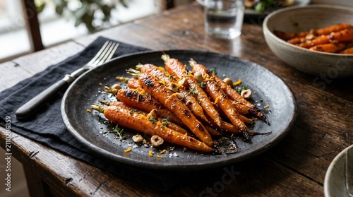 Charred glazed carrots with hazelnuts, herbs, and orange zest on a dark ceramic plate offer a rustic vegetarian side dish for menus or recipe promotions.