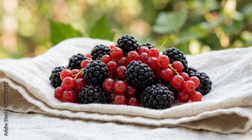 Fresh blackberries and red currants rest on a beige linen cloth outdoors, ideal for healthy eating, seasonal produce, or natural dessert marketing.