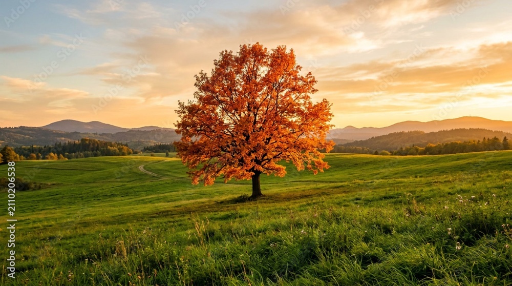 Obraz premium A solitary orange autumn tree stands in a green rolling meadow at golden sunset with distant hills, ideal for seasonal travel, nature, and wellness campaigns.