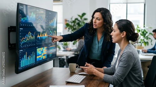 Two businesswomen analyze colorful charts on a large office dashboard, ideal for illustrating data analytics, teamwork, strategy, and corporate decision making.