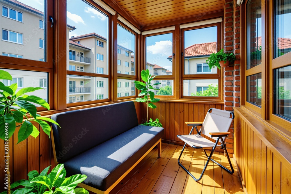 Obraz premium Modern sunroom interior with wooden walls, floor. Dark sofa sits beside foldable chair. Panoramic windows show urban residential buildings outside. Green potted plants add freshness to cozy living