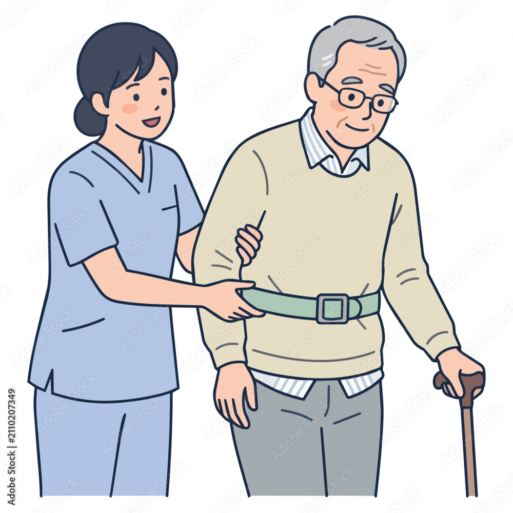 Fototapeta premium 歩行リハビリを支える理学療法士と高齢男性のイラスト 杖 歩行訓練 介助 機能回復
