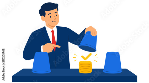 Businessman successfully discovering fortune by lifting blue cup to reveal hidden stack of golden coins beneath, representing profitable business investment opportunity and financial achievement goals