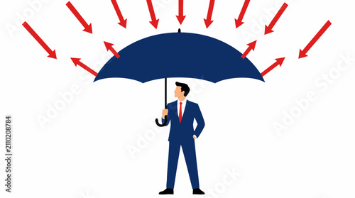 Professional businessman in formal suit holding umbrella protecting from falling red arrows representing financial crisis, economic downturn, market risk, recession and business adversity