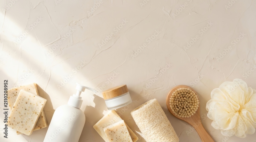 Obraz premium Flat lay composition with cosmetic products and bath supplies on a light background.
