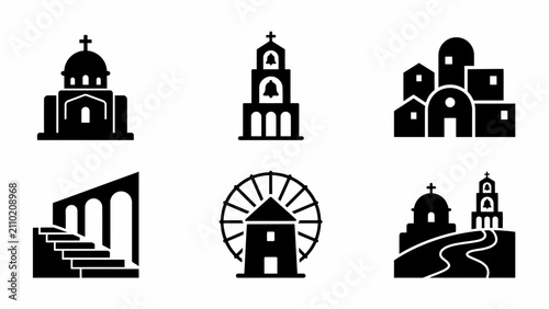 Set of six stylish black and white church architecture icons isolated on transparent background