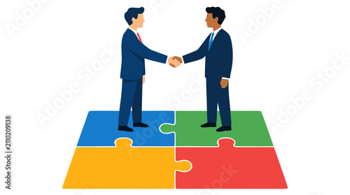 Businessmen shaking hands above puzzle pieces symbolizing successful partnership, collaboration, agreement, and teamwork in modern flat design corporate business solution vector illustration