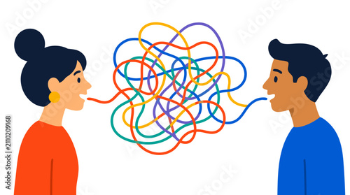 Diverse coworkers face each other with vibrant tangled colorful speech threads flowing between them, symbolizing complex workplace communication, professional collaboration, and dynamic business