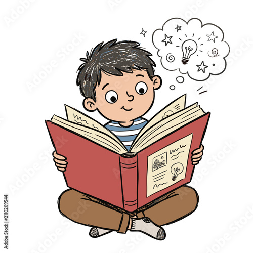 Boy reading book with bright ideas, child engrossed in learning and gaining knowledge.