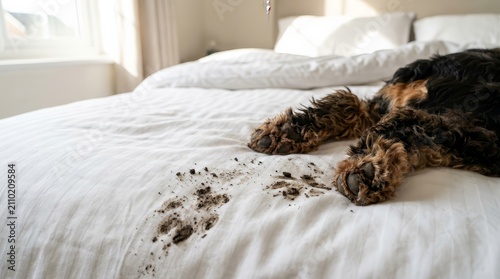 Naughty cocker spaniel with dirty paws lying on a white bed at home.