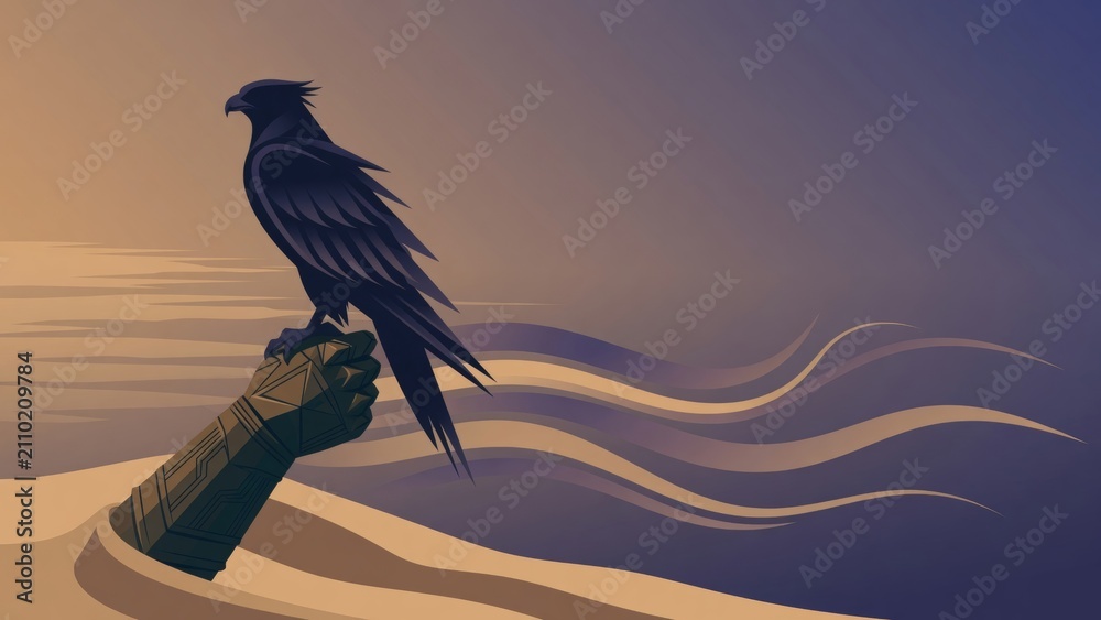 Obraz premium Dark raven bird perching on ancient cybernetic hand, standing in a vast desert landscape at twilight, concept of future and past