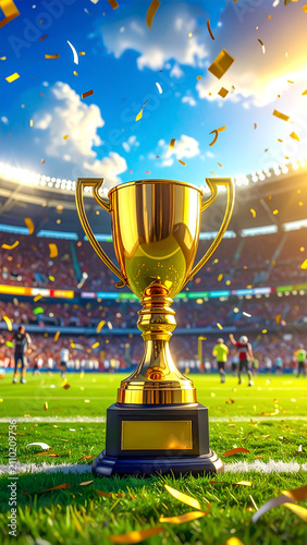 Goldener Pokal auf Rasen im Fußballstadion mit Konfetti nach Meisterschaftssieg