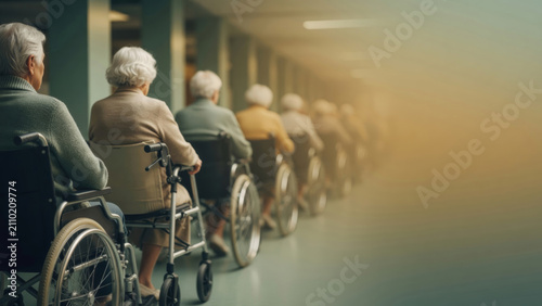 Elderly patients lining up in a hospital hallway, representing themes of aging, healthcare, and medical waiting