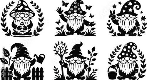 Garden Gnome Silhouette Vector Set Cute Dwarfs Clipart