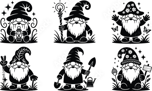 Garden Gnome Silhouette Vector Set Cute Dwarfs Clipart