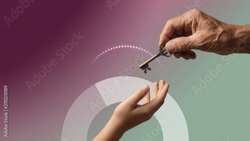 Generational key transfer, a senior hand passing an antique key to a younger hand, symbolizing handover and future