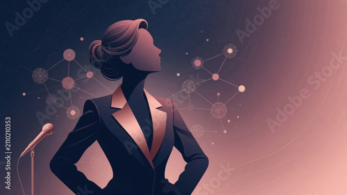 Woman silhouette with microphone, representing female leadership, public speaking, communication, and empowerment in a network
