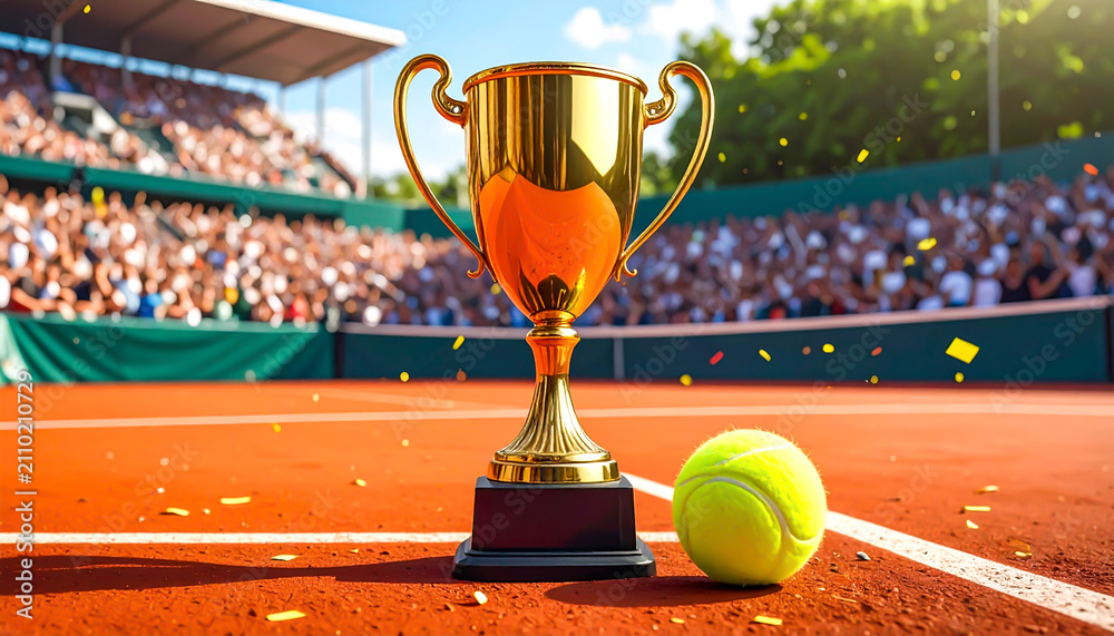 Fototapeta premium Goldener Pokal und Tennisball auf einem Sandplatz mit Konfetti nach Turniersieg