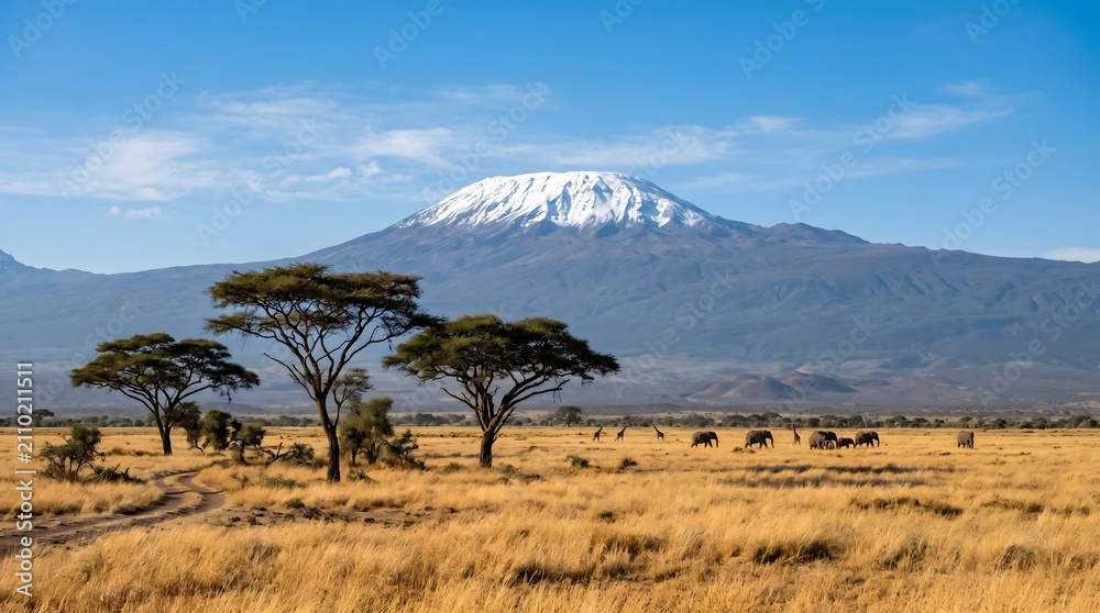 Naklejka premium Iconic flat topped snow capped mountain rising above a dry golden savanna with acacia trees