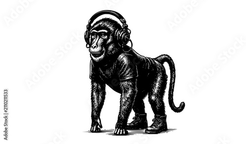 Canvas Print Vintage Engraved Monkey Wearing Headphones Vector Illustration EPS
