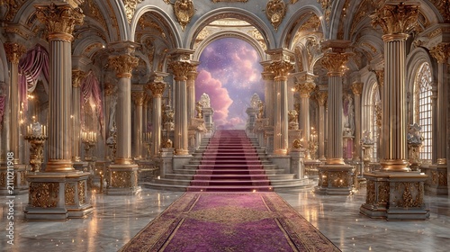 Stairway to heaven inside a golden palace with majestic columns and heavenly view